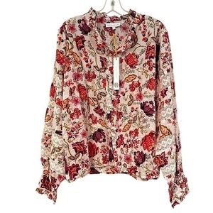 NWT House of Harlow 1960 Pink Floral Crochet Balloon Sleeve Button Down Sz Small